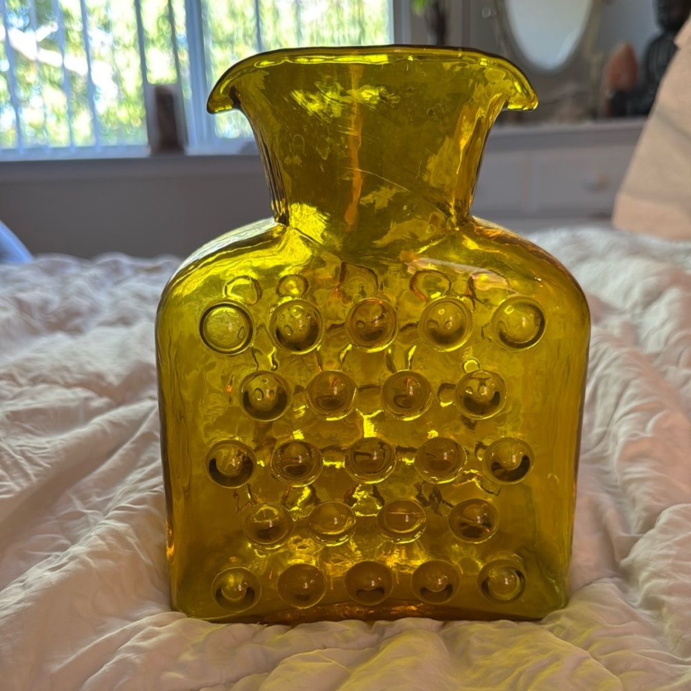 Vintage Blenko Amber Hobnail Bubble Glass Double Spout Water Pitcher